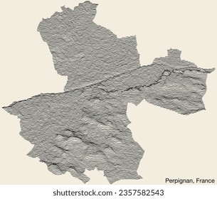 Topographic relief map of the city of PERPIGNAN, FRANCE with solid contour lines and name tag on vintage background