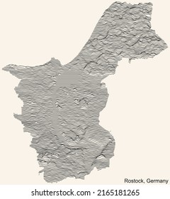 Topographic relief map of the city of ROSTOCK, GERMANY with black contour lines on vintage beige background