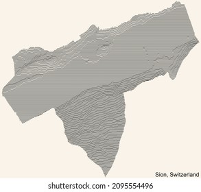 Mapa de relieve topográfico de la ciudad de Sion, Suiza con líneas de contorno negro sobre fondo beige vintage