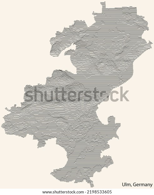 Topographic relief map of the\
city of ULM, GERMANY with black contour lines on vintage beige\
background