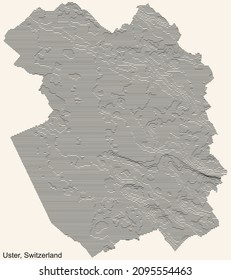 Mapa de relieve topográfico de la ciudad de Uster, Suiza con líneas de contorno negro sobre fondo beige vintage