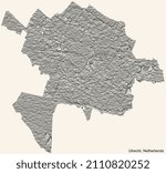 Topographic relief map of the city of UTRECHT, NETHERLANDS with black contour lines on vintage beige background
