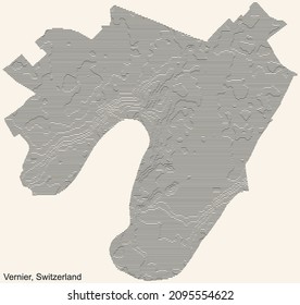 Topographic relief map of the city of Vernier, Switzerland with black contour lines on vintage beige background