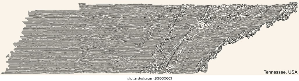 Topographic relief map of the Federal State of Tennessee, USA with black contour lines on beige background