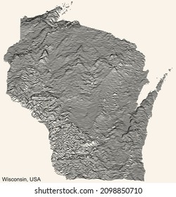 Topographic relief map of the Federal State of Wisconsin, USA with black contour lines on beige background