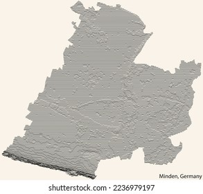 Mapa de relieve topográfico de la ciudad de MINDEN, ALEMANIA con líneas de contorno negro sobre fondo beige vintage
