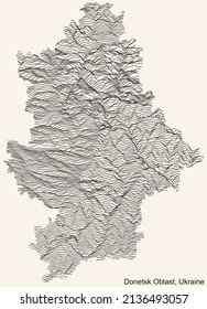 Topographic relief map of the Ukrainian administrative area  of DONETSK OBLAST, UKRAINE with black contour lines on vintage beige background