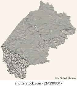 Topographic relief map of the Ukrainian administrative area  of LVIV OBLAST, UKRAINE with black contour lines on vintage beige background