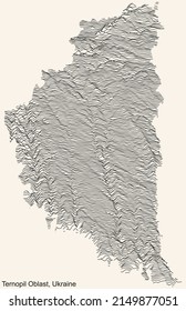 Topographic relief map of the Ukrainian administrative area  of TERNOPIL OBLAST, UKRAINE with black contour lines on vintage beige background