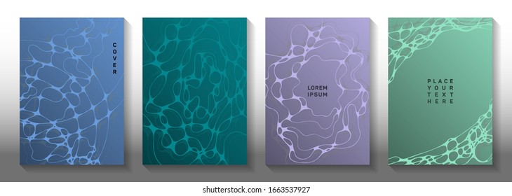 Topographic Survey Concept Abstract Vector Covers. Overlapping Curve Lines Ripple Textures. Modern Title Page Vector Templates. Radio Physics Cover Pages Graphic Design Set.