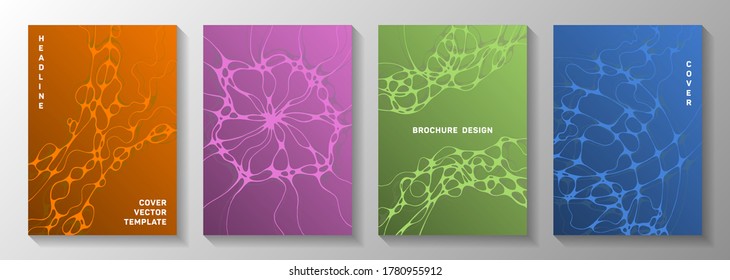 Topographic Survey Concept Abstract Vector Covers. Fluid Curve Lines Meshwork Backgrounds. Flat Title Page Vector Layouts. Hi Tech Cover Pages Graphic Design Set.