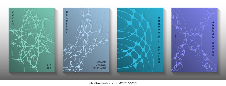 Topographic Survey Concept Abstract Vector Covers. Linked Waves Plexus Backdrops. Vibrant Brochure Vector Templates. Engineering Cover Pages Graphic Design Set.