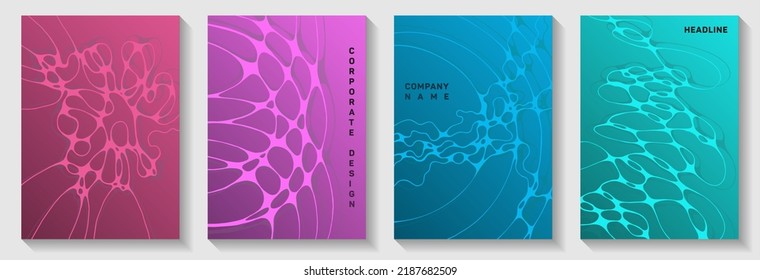 Topographic Survey Concept Abstract Vector Covers. Overlaying Waves Bubble Textures. Openwork Brochure Vector Templates. Hi Tech Cover Pages Graphic Design Set.