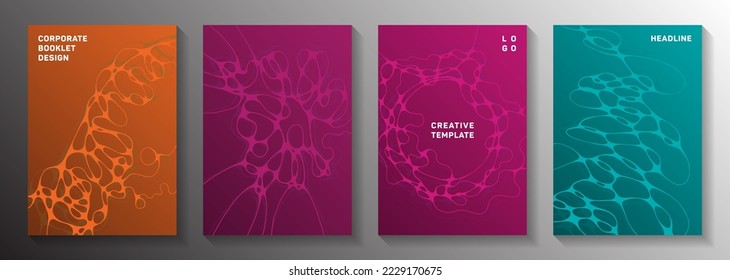 Topographic survey concept abstract vector covers. Rounded curve lines render backdrops. Colorful cover vector layouts. Science fiction cover pages graphic design set.