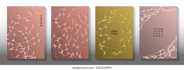 Topographic survey concept abstract vector covers. Rounded curve lines grid backgrounds. Modern cover vector templates. Hi tech cover pages graphic design set.