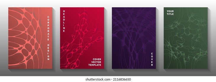 Topographic survey idea abstract vector covers. Doodle waves pattern backgrounds. Delicate notebook vector templates. Science fiction cover pages graphic design set.