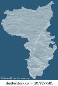 Topographic technical drawing relief map of the city of Esch-sur-Alzette, Luxembourg with white contour lines on blue background