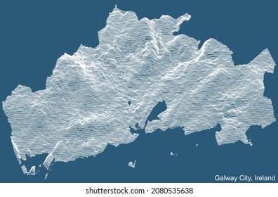 Topographic technical drawing relief map of the city of Galway City, Ireland with white contour lines on blue background