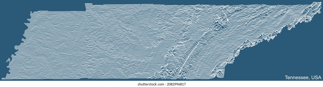 Topographic technical drawing relief map of the Federal State of Tennessee, USA with white contour lines on blue background