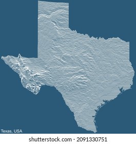 Topographic technical drawing relief map of the Federal State of Texas, USA with white contour lines on blue background
