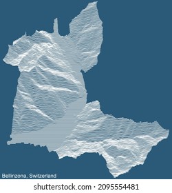 Mapa de relieve técnico topográfico de dibujo de la ciudad de Bellinzona, Suiza con líneas de contorno blanco sobre fondo azul