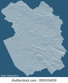 Topographic technical drawing relief map of the city of Uster, Switzerland with white contour lines on blue background