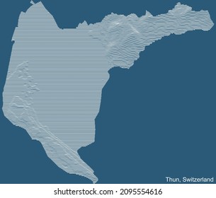 Topographic technical drawing relief map of the city of Thun, Switzerland with white contour lines on blue background