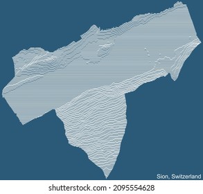 Mapa de relieve técnico topográfico de dibujo de la ciudad de Sion, Suiza con líneas de contorno blanco sobre fondo azul