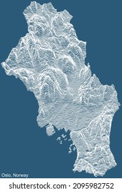 Mapa de relieve técnico topográfico de dibujo de la ciudad de Oslo, Noruega con líneas de contorno blanco sobre fondo azul