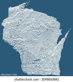 Topographic Technical Drawing Relief Map Of The Federal State Of Wisconsin, USA With White Contour Lines On Blue Background