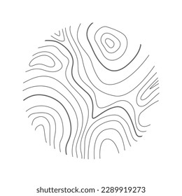 Topographic texture in round shape. Wooden layout in doodle style. Hand drawn relief contour. Graphic terrain surface stamp isolated on white background. Vector graphic illustration