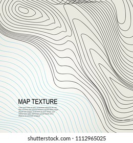 Topographical vector background with place for text. Geodesy contouring map texture with line contours of terrain. Geographic relief mountains landscape. Topography and cartography pattern