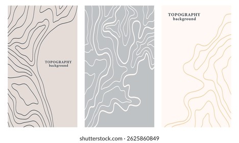 Conjunto de plano de fundo de topografia. Coleção de capa ondulada abstrata. Padrão de textura do mapa de contorno topográfico. Folheto de paisagem geográfica estilizada, pano de fundo flyer. Ilustração de vetor de cartografia