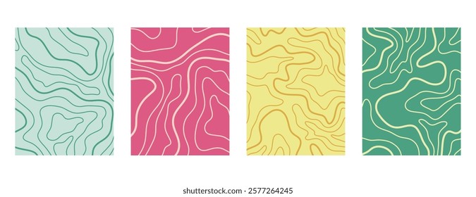 Topography background. Topographic contour map texture collection. Abstract wavy covers set. Stylized geographic landscape backdrop patterns. Cartography Vector illustration