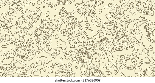 Topography Beige Map Seamless Pattern With Dotted And Solid Lines. Abstract Topographic Curves. Repeat Geometric Background. Outline Topology Land Or Underwater Relief Texture. Vector Illustration.