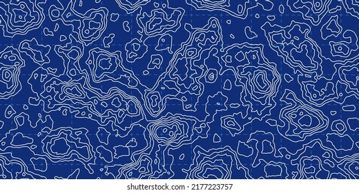 Topography dark blue map seamless pattern with grid. Abstract topographic curves. Repeat geometric background. Outline topology land or underwater relief texture. Vector illustration.