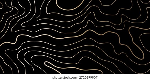 Patrón de oro de topografía. Líneas de montaña en un mapa geográfico. Gráfico de lujo que simboliza elegantes picos y dunas. Contorno de Vector dorado sobre un fondo negro. Horizontal diseño premium.