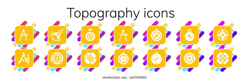 conjunto de iconos topográficos. 14 iconos topográficos rellenos.  Iconos modernos sencillos, como: brújula, rosa eólica, Windrose