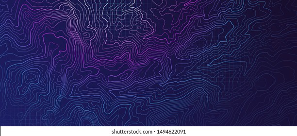 Topography Landscape. Marine Abstract Modern Blue Texture. Dark Relief Vector Trendy Background For Flyer And Poster Outline Design Gradient Banner