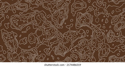 Topography Map Seamless Pattern. Brown And White Abstract Topographic Curves. Repeat Geometric Background. Outline Topology Land Or Underwater Relief Texture. Vector Illustration.