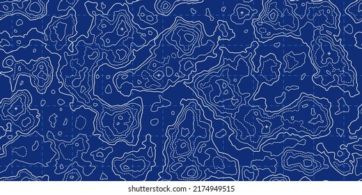 Topography Karte nahtloses Muster mit Gitter und Bergen. Blauweiße abstrakte topographische Kurven. Wiederholen Sie den geometrischen Hintergrund. Grundlagentextur oder Oberflächenstruktur unter Wasser. Vektorgrafik.