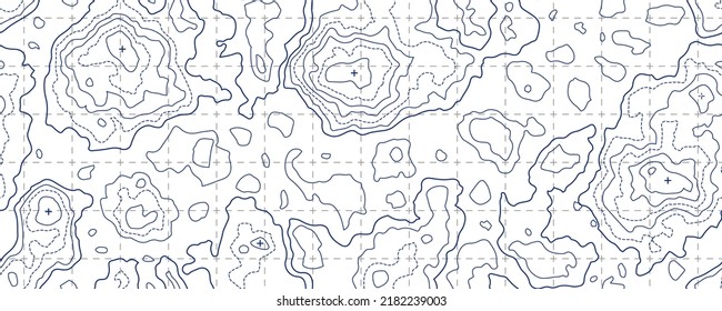 Topography Map Seamless Pattern With Grid And Mountain Peaks. Abstract Topographic Curves. Repeat Geometric Background. Outline Topology Land Or Underwater Relief Texture. Vector Illustration.