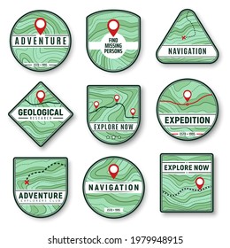 Topography and navigation isolated vector icons with topographic map, navigation pointers, road, highway and railroad, path, route and cross symbols. Navigation, adventure and discovery badges design