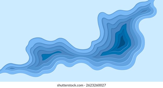 Topografia recorte de papel - ondas em camadas fundo azul. Contorno do mapa de relevo abstrato com linhas de terreno. Visualização de paisagem de superfície geográfica com efeito origami. Ilustração de borda decorativa.