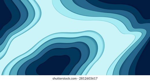 Topography papercut map with layered abstract 3d pattern of flowing water waves and river contours. Topographic design with blue gradient shapes of relief landscape with geometric depth.