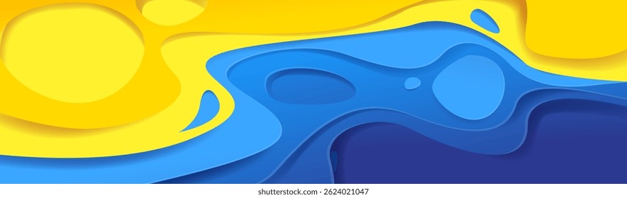 Topography papercut style background with blue and yellow layered wavy shapes. Bright summer abstract ocean or sea beach with water and sand surface, flowing gradient waves. Paper cut nature design.