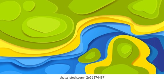 Topography papercut style background with multi colored layered waves. Bright vibrant blue, yellow and green flowing curved shapes, abstract paper cut art. Wavy lines texture, vector topographic map.