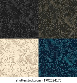 Topography patterns. Seamless elevation map tiles. Appealing isoline background. Vibrant tileable patterns. Vector illustration.