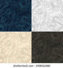 Topography patterns. Seamless elevation map tiles. Appealing isoline background. Artistic tileable patterns. Vector illustration.