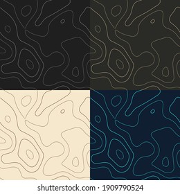 Topography patterns. Seamless elevation map tiles. Awesome isoline background. Attractive tileable patterns. Vector illustration.